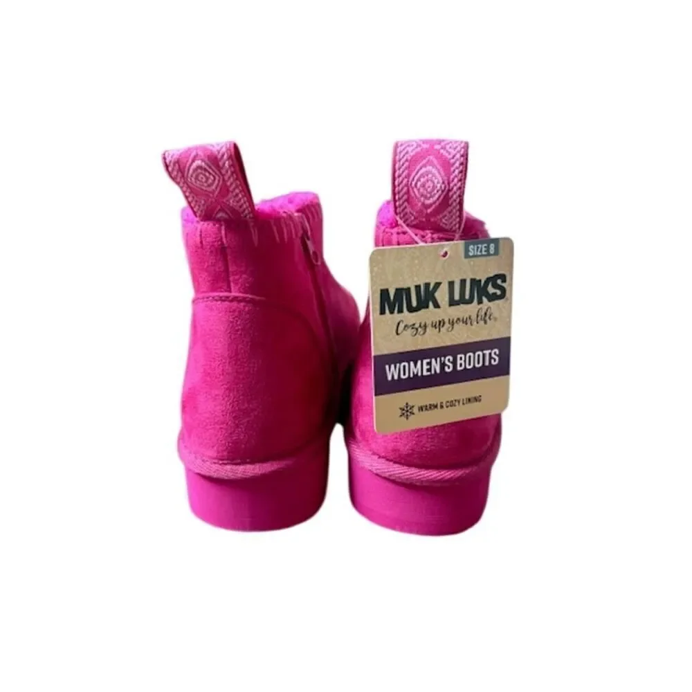 Muk Luks Augie Mini Cozy Booties Women's Pink Fuchsia Sz 8 Faux Suede Side Zip